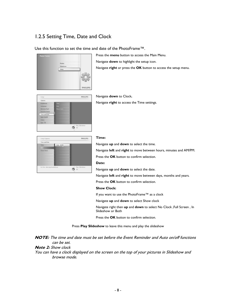 5 setting time, date and clock | Philips 9FF2M4-37 User Manual | Page 9 / 86
