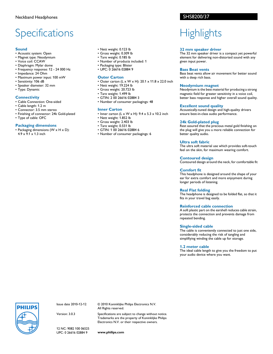 Specifications, Highlights | Philips SHS8200-37 User Manual | Page 2 / 2