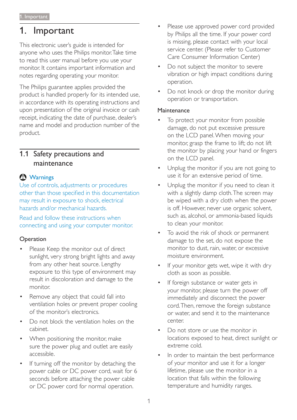 Important, 1 safety precautions and maintenance | Philips 241P4QPYES-00 User Manual | Page 3 / 52