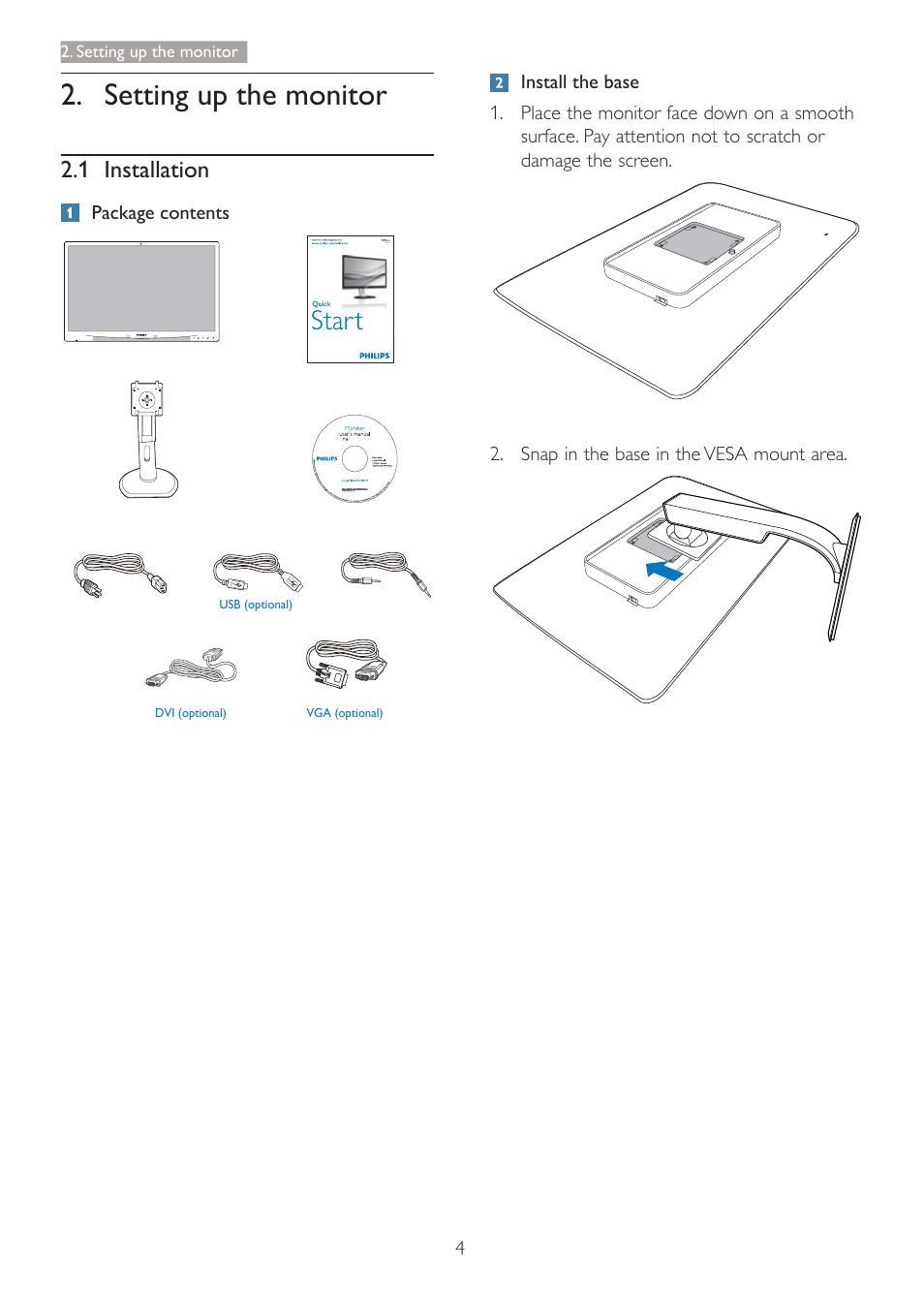 Setting up the monitor, 1 installation, Package contents | Philips 241P4QPYES-00 User Manual | Page 6 / 52