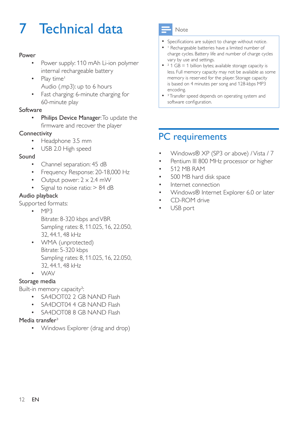 7 technical data, Pc requirements | Philips SA4DOT02PN-37 User Manual | Page 14 / 16