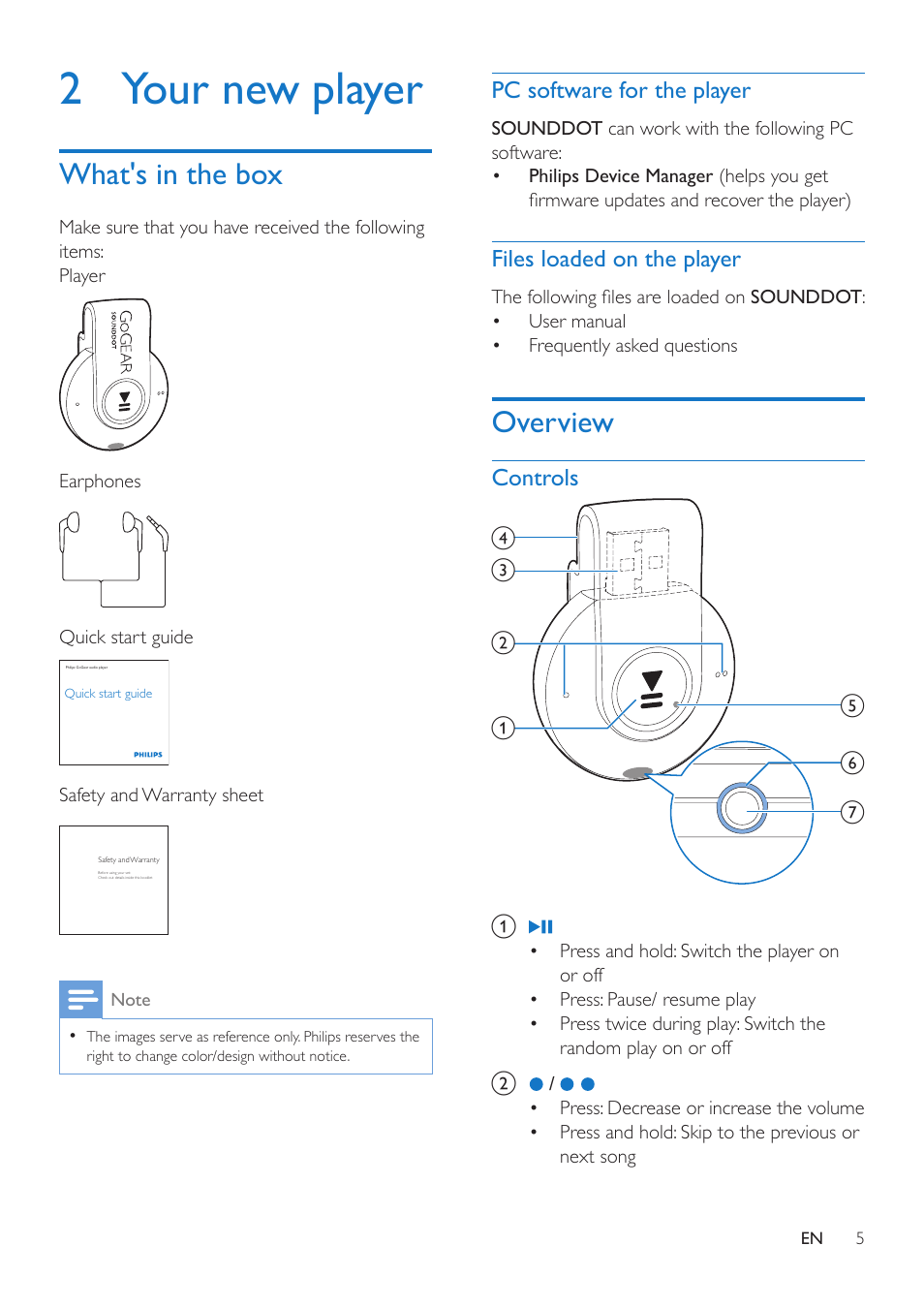 2 your new player, What's in the box, Pc software for the player | Files loaded on the player, Overview, Controls, Overview 5, Controls 5 | Philips SA4DOT02PN-37 User Manual | Page 7 / 16