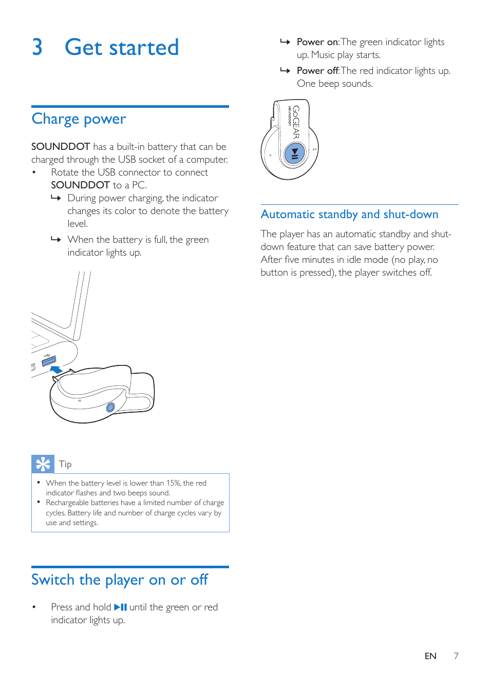 3 get started, Charge power, Switch the player on or off | Automatic standby and shut-down | Philips SA4DOT02PN-37 User Manual | Page 9 / 16