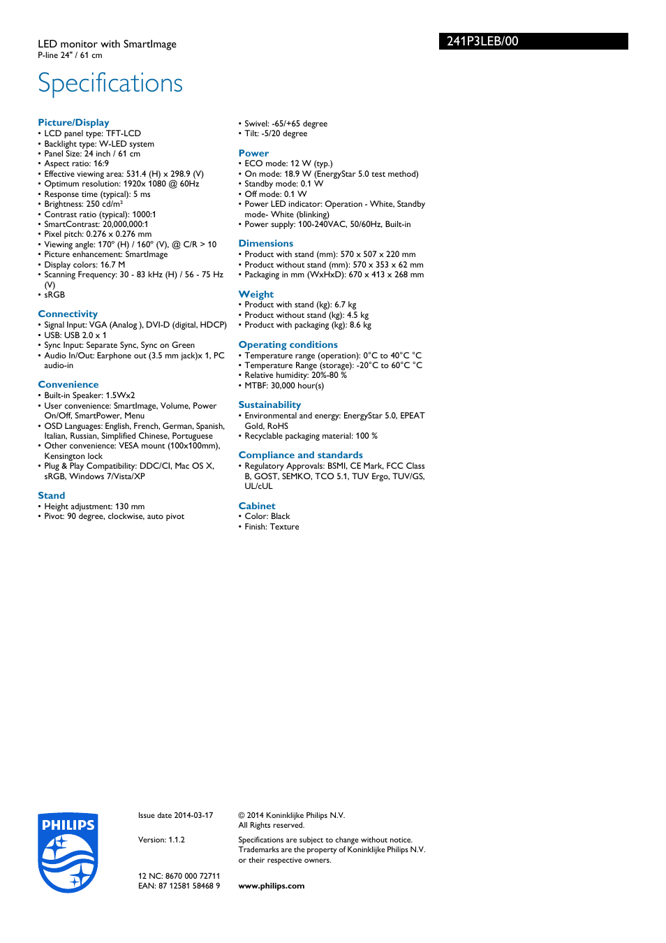 Specifications | Philips 241P3LEB-00 User Manual | Page 3 / 3