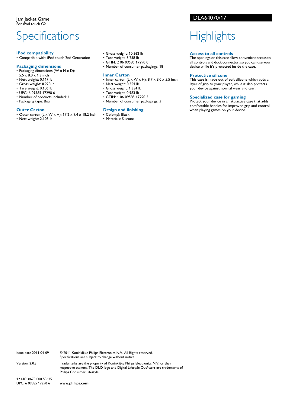 Specifications, Highlights | Philips DLA64070-17 User Manual | Page 2 / 2