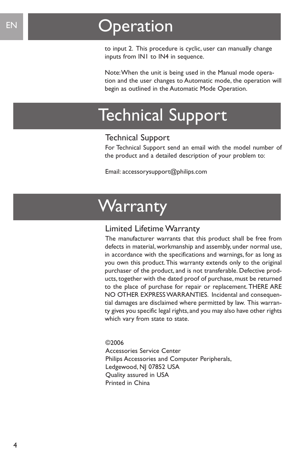 Operation technical support warranty | Philips SWS2821T-17 User Manual | Page 4 / 12