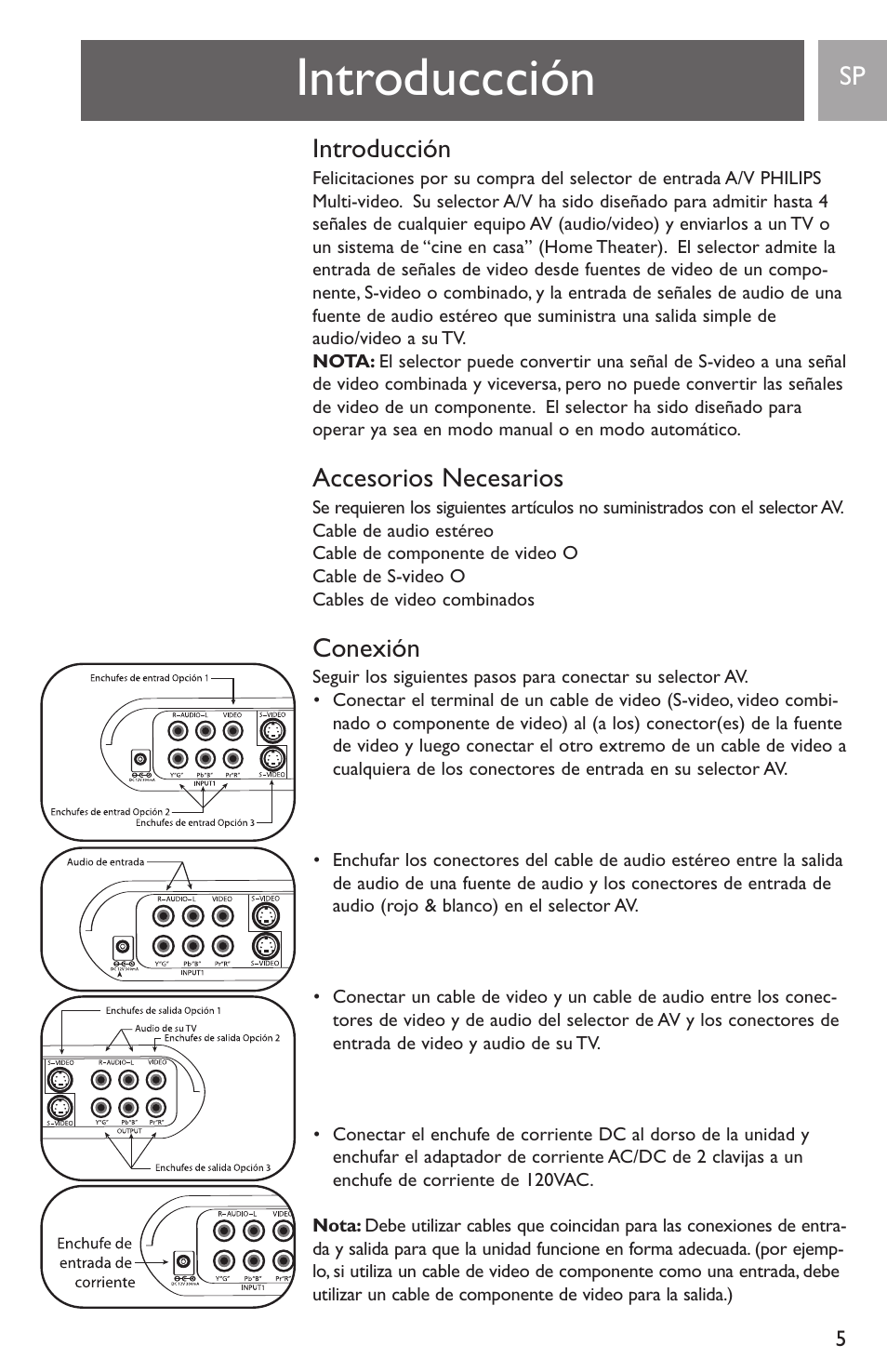 Introduccción, Introducción, Accesorios necesarios | Conexión | Philips SWS2821T-17 User Manual | Page 5 / 12