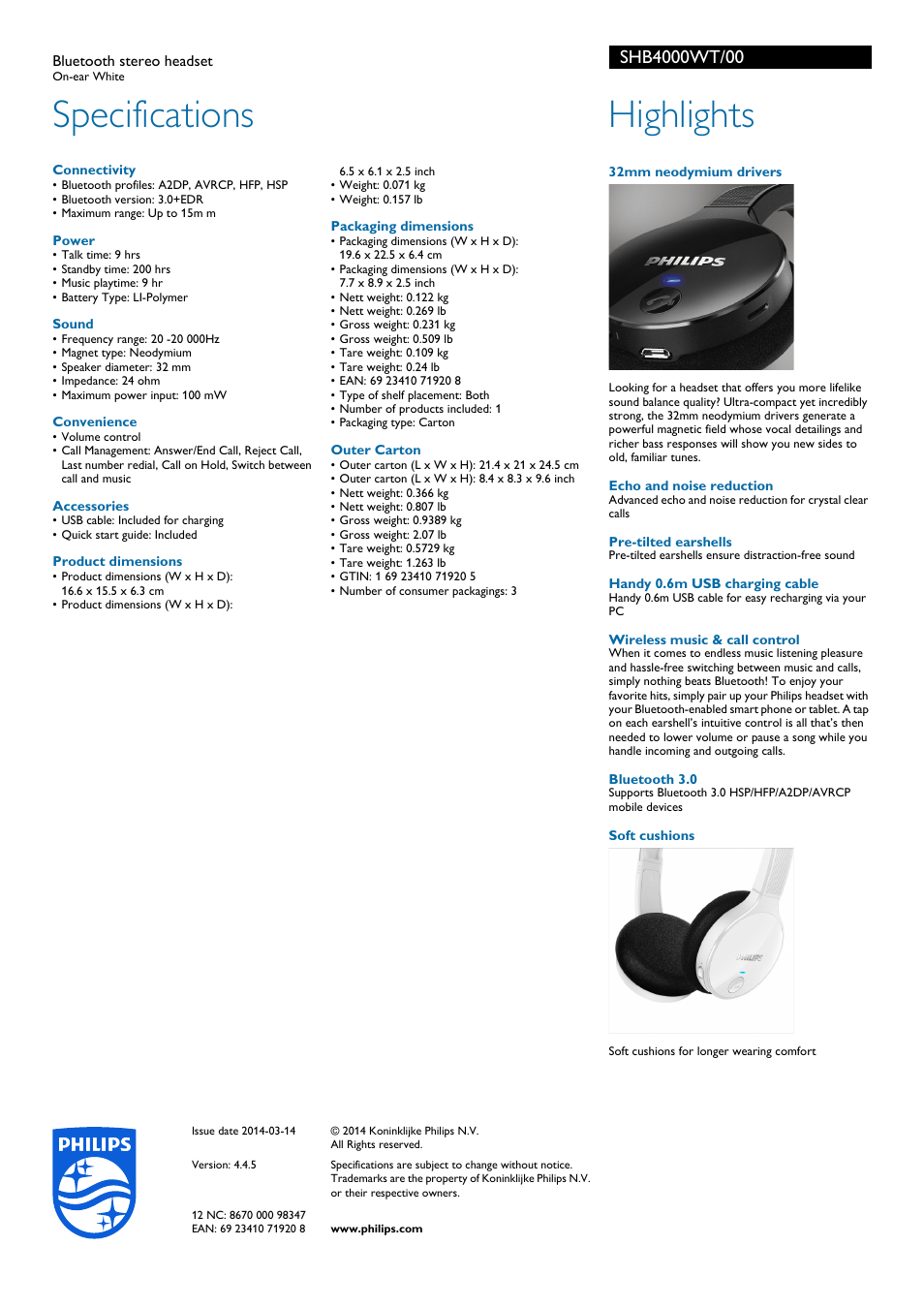 Specifications, Highlights | Philips SHB4000WT-00 User Manual | Page 2 / 2