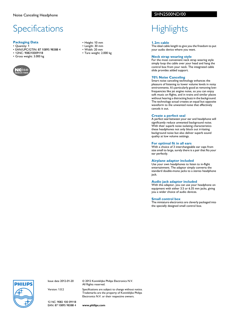 Specifications, Highlights | Philips SHN2500ND-00 User Manual | Page 2 / 2