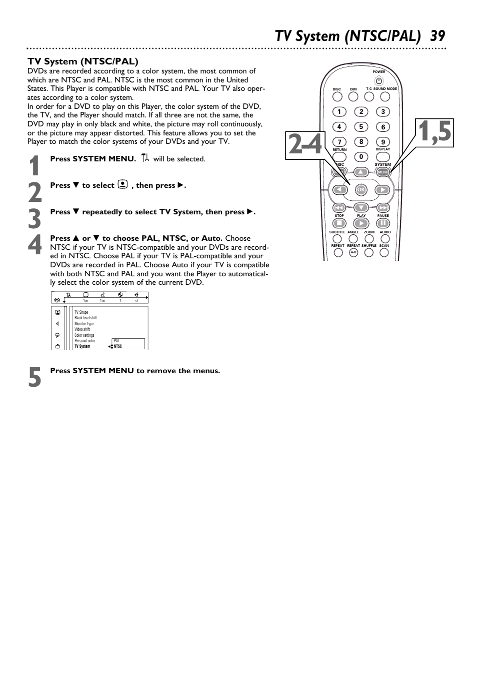 Tv system (ntsc/pal) 39, Tv system (ntsc/pal) | Philips DVD795SA-99 User Manual | Page 39 / 55