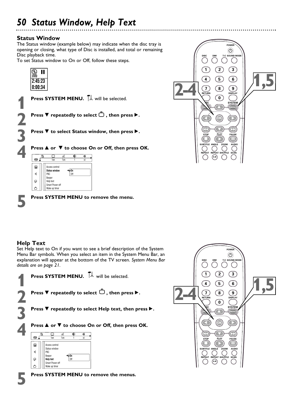 50 status window, help text, Help text, Status window | Philips DVD795SA-99 User Manual | Page 50 / 55