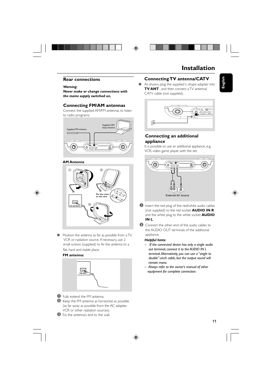 Installation, Rear connections, Connecting fm/am antennas | Connecting tv antenna/catv, Connecting an additional appliance, English, Fully extend the fm antenna, Fix the antenna’s end to the wall | Philips AJL700-37B User Manual | Page 11 / 31