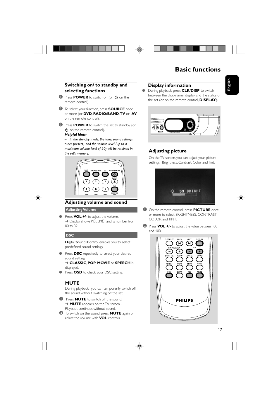 Basic functions, Switching on/ to standby and selecting functions 1, Adjusting picture | Display information, Adjusting volume and sound, Mute | Philips AJL700-37B User Manual | Page 17 / 31