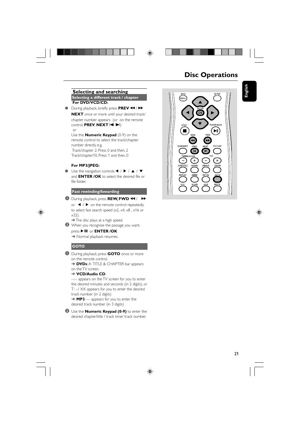 Disc operations, Selecting and searching | Philips AJL700-37B User Manual | Page 21 / 31