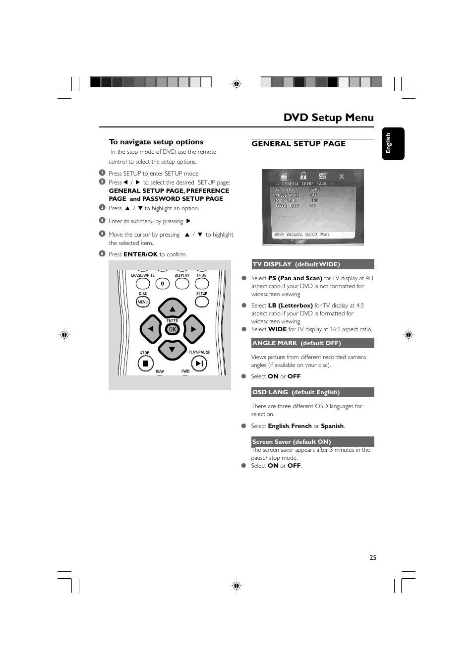 Dvd setup menu | Philips AJL700-37B User Manual | Page 25 / 31