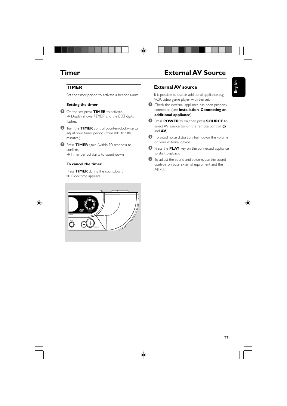 Timer external av source, Timer, External av source | Philips AJL700-37B User Manual | Page 27 / 31