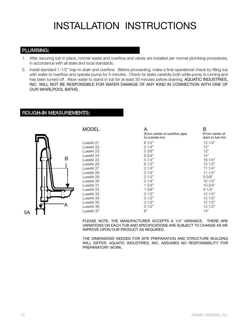 Installation instructions, Rough-in measurements, Model a | Ba 5a, Plumbing | Aquatic LuxeAir Series User Manual | Page 10 / 36