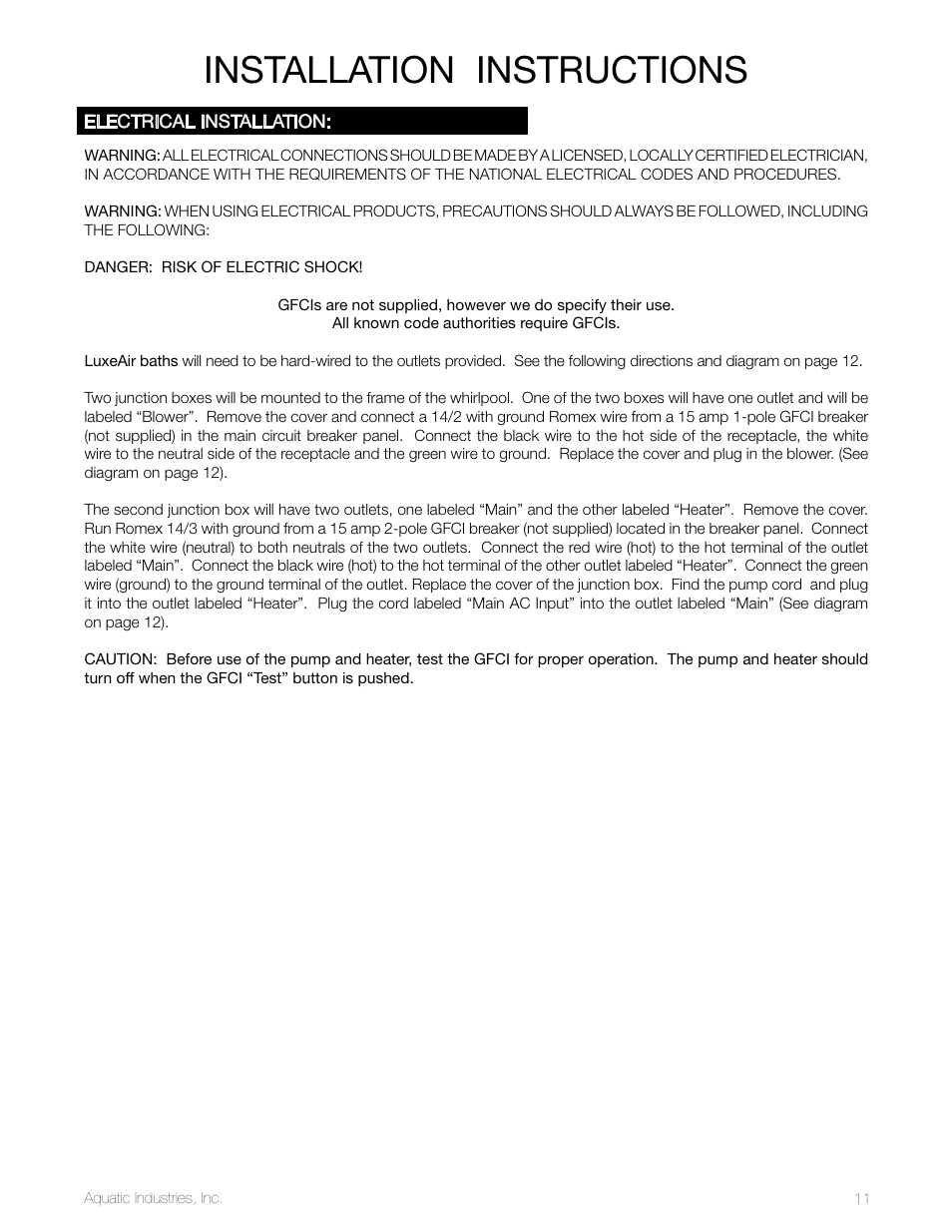 Installation instructions | Aquatic LuxeAir Series User Manual | Page 11 / 36
