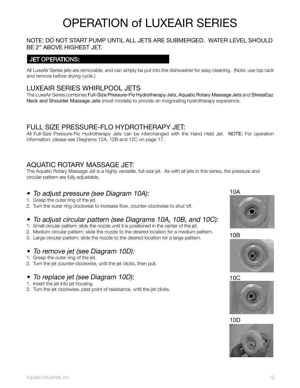 Operation of luxeair series | Aquatic LuxeAir Series User Manual | Page 15 / 36