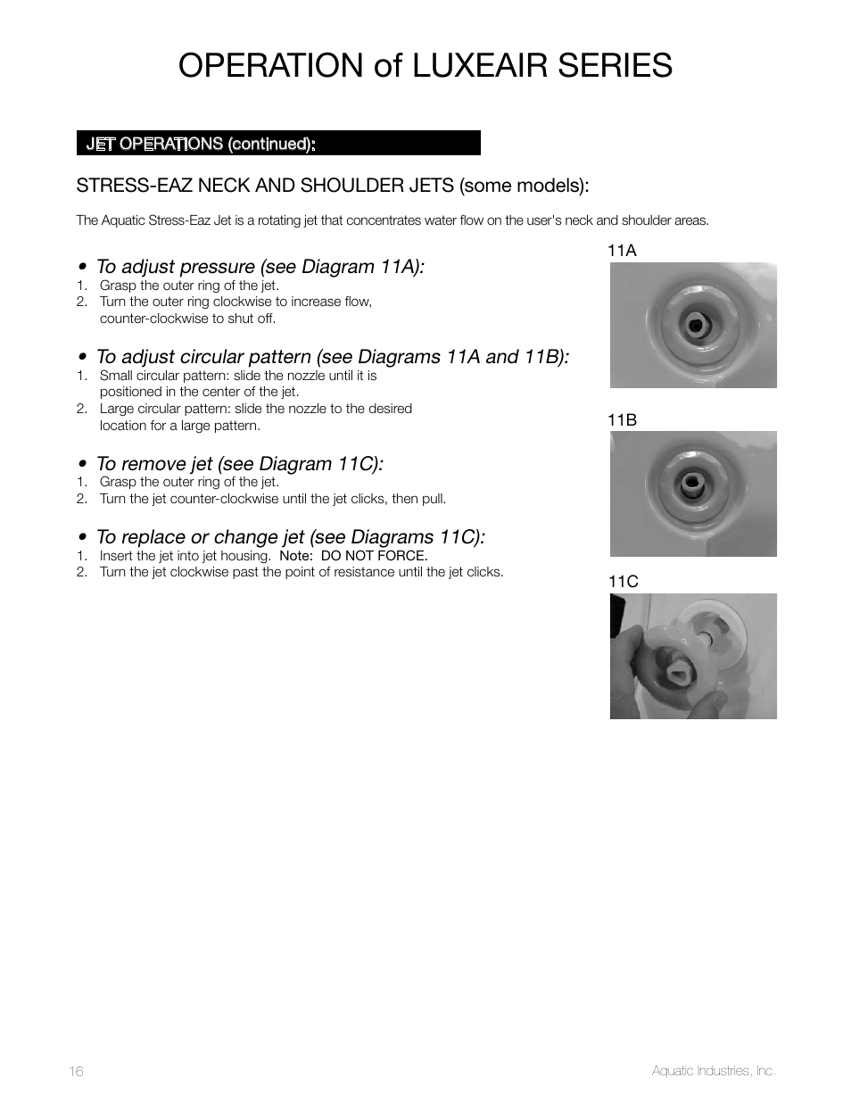 Operation of luxeair series | Aquatic LuxeAir Series User Manual | Page 16 / 36
