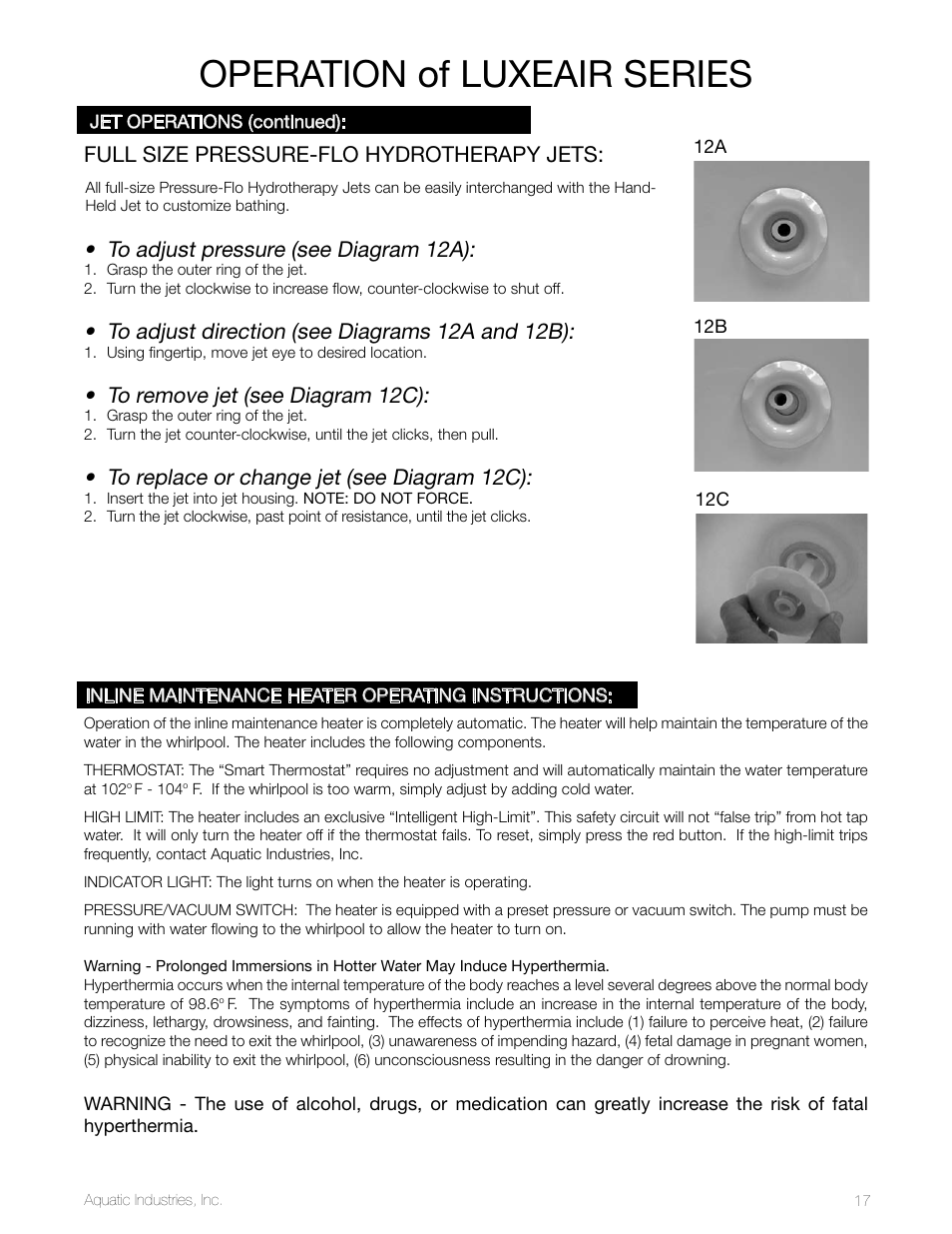 Operation of luxeair series, Full size pressure-flo hydrotherapy jets | Aquatic LuxeAir Series User Manual | Page 17 / 36