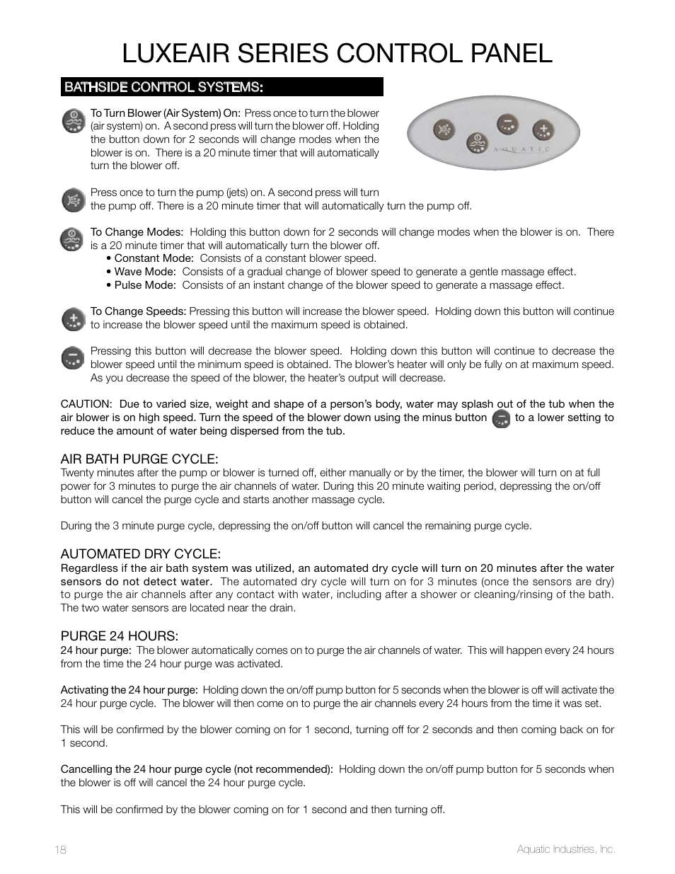 Luxeair series control panel | Aquatic LuxeAir Series User Manual | Page 18 / 36