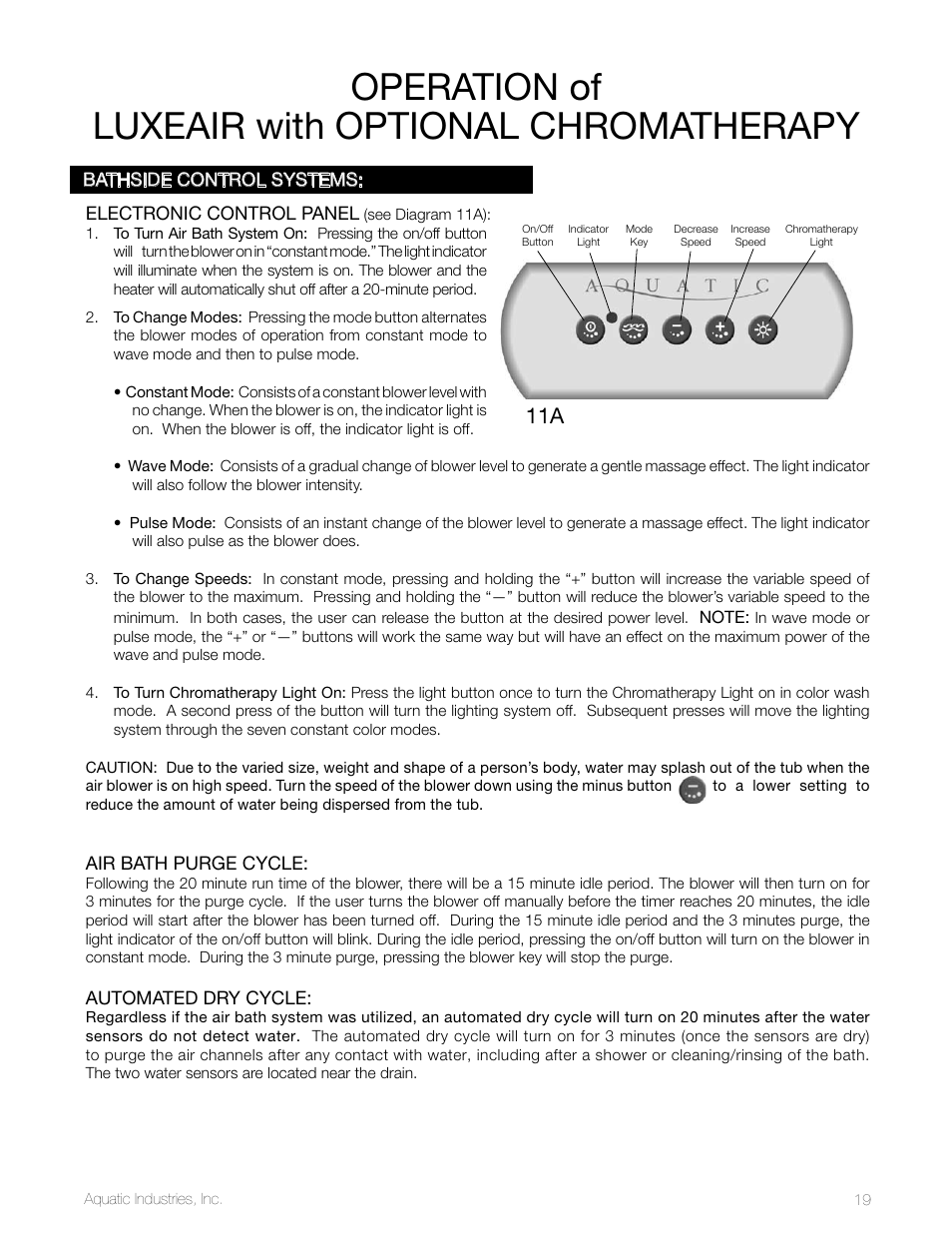 Operation of luxeair with optional chromatherapy | Aquatic LuxeAir Series User Manual | Page 19 / 36