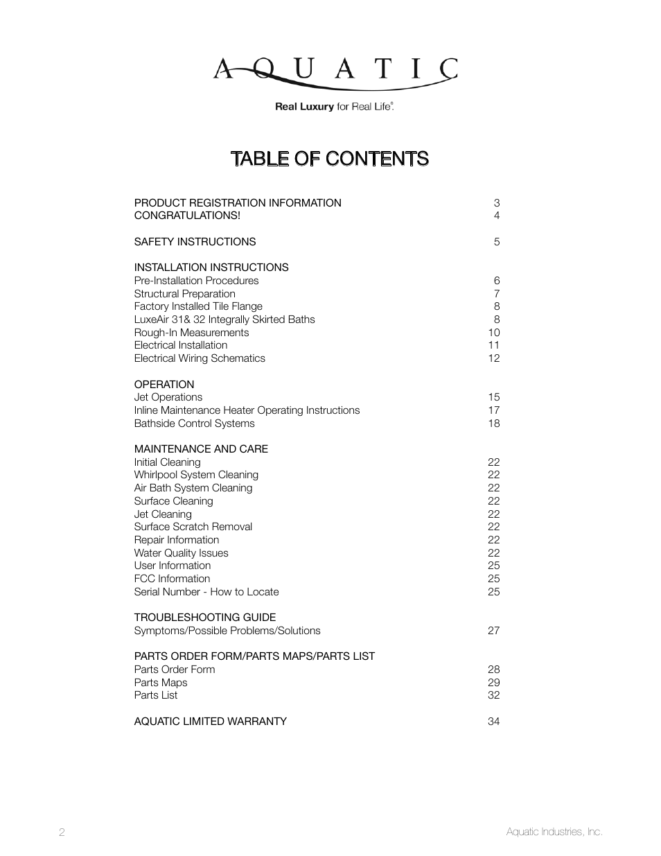 Aquatic LuxeAir Series User Manual | Page 2 / 36