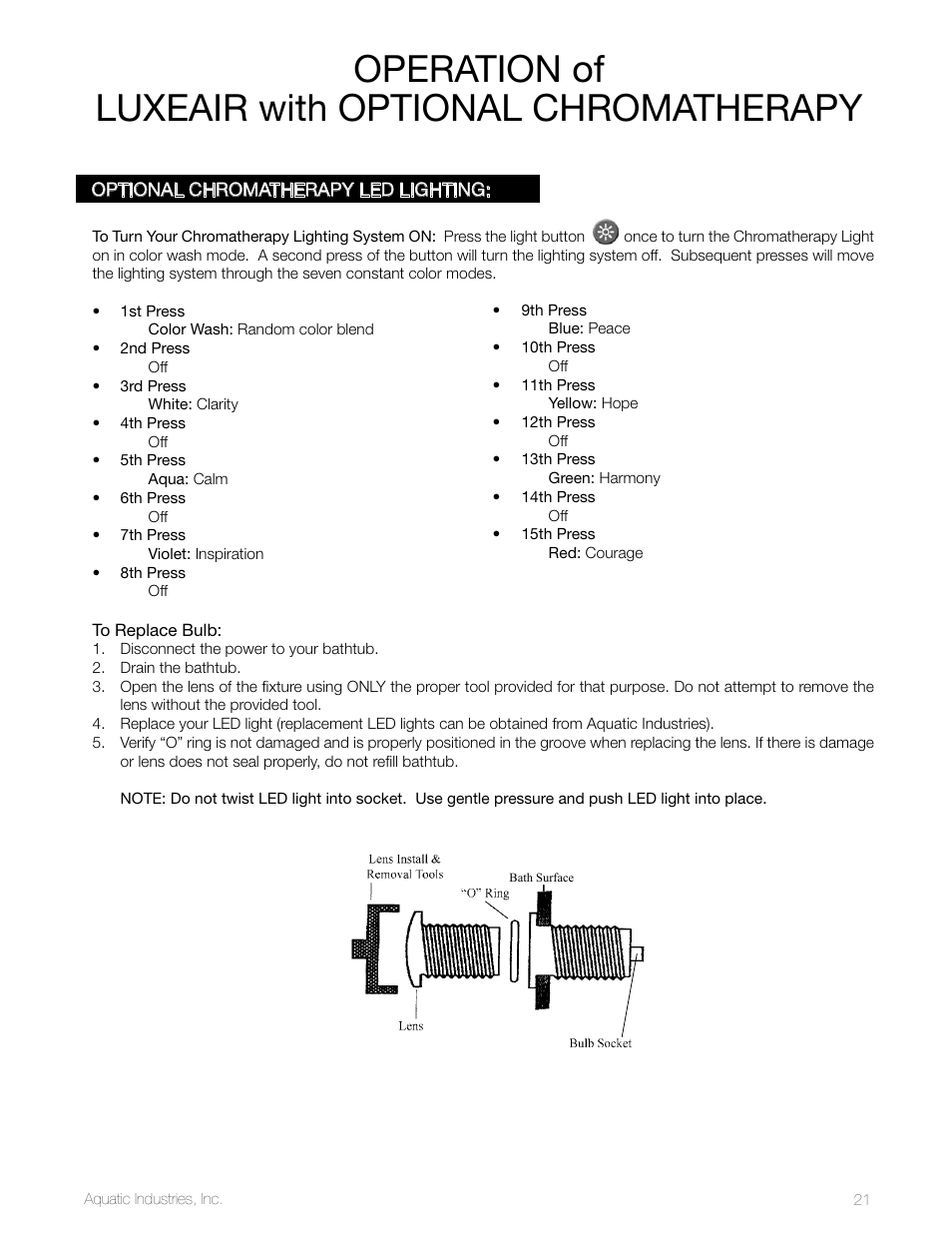 Operation of luxeair with optional chromatherapy | Aquatic LuxeAir Series User Manual | Page 21 / 36
