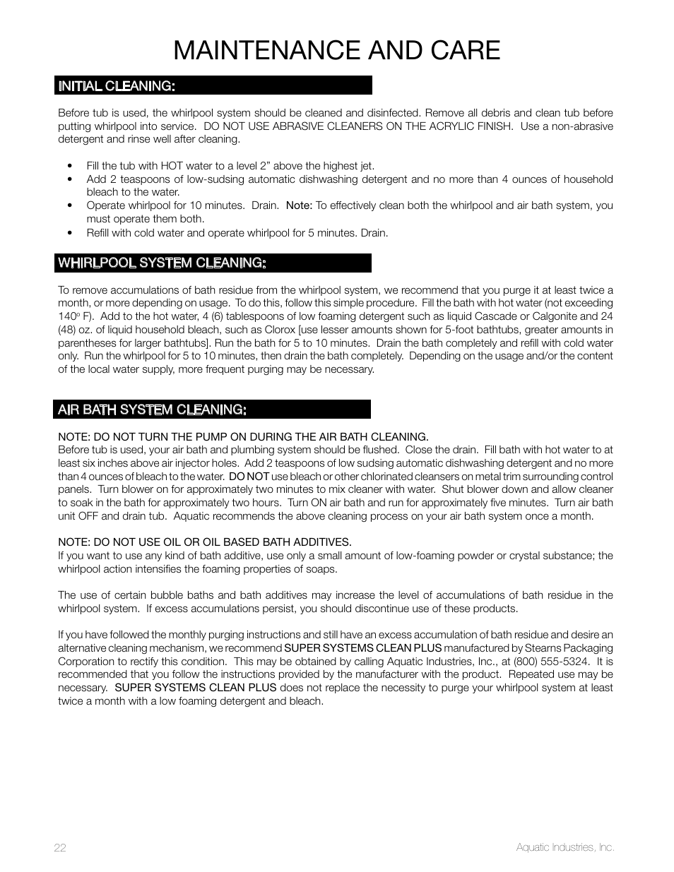 Maintenance and care | Aquatic LuxeAir Series User Manual | Page 22 / 36