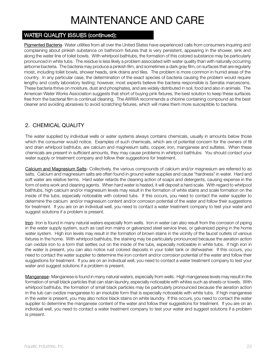 Maintenance and care | Aquatic LuxeAir Series User Manual | Page 23 / 36