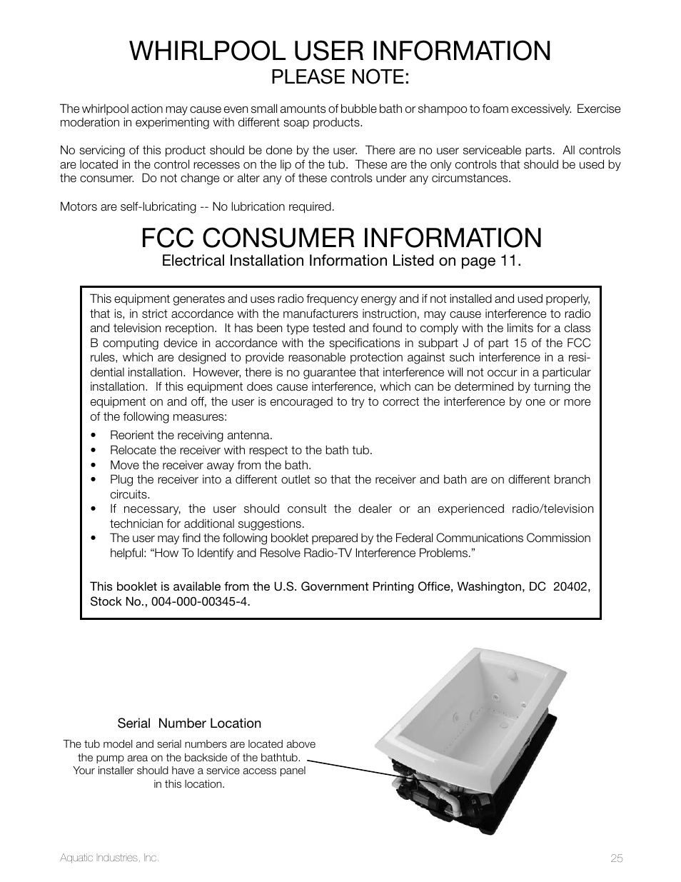 Whirlpool user information, Fcc consumer information | Aquatic LuxeAir Series User Manual | Page 25 / 36