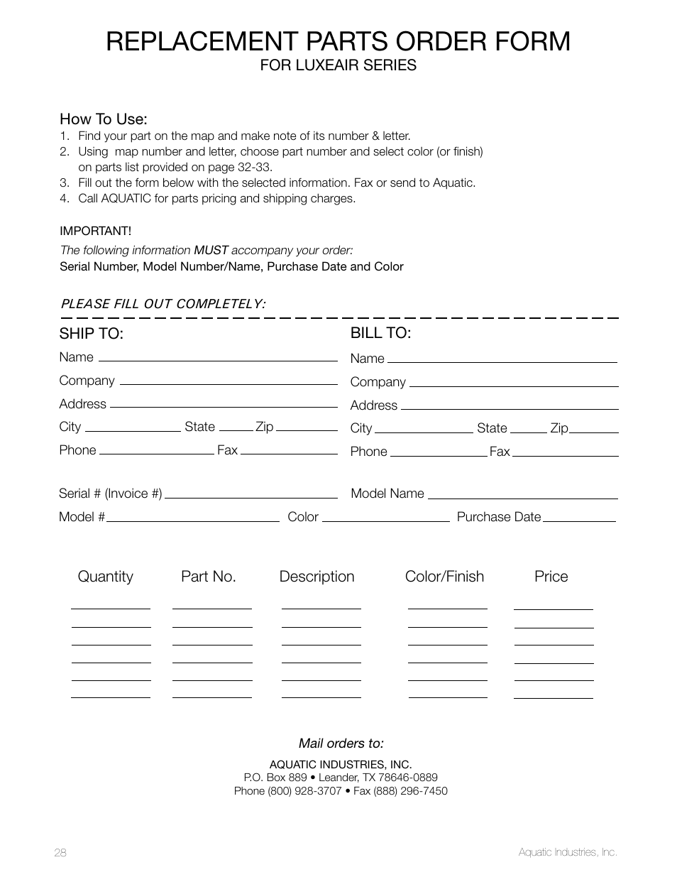 Replacement parts order form | Aquatic LuxeAir Series User Manual | Page 28 / 36