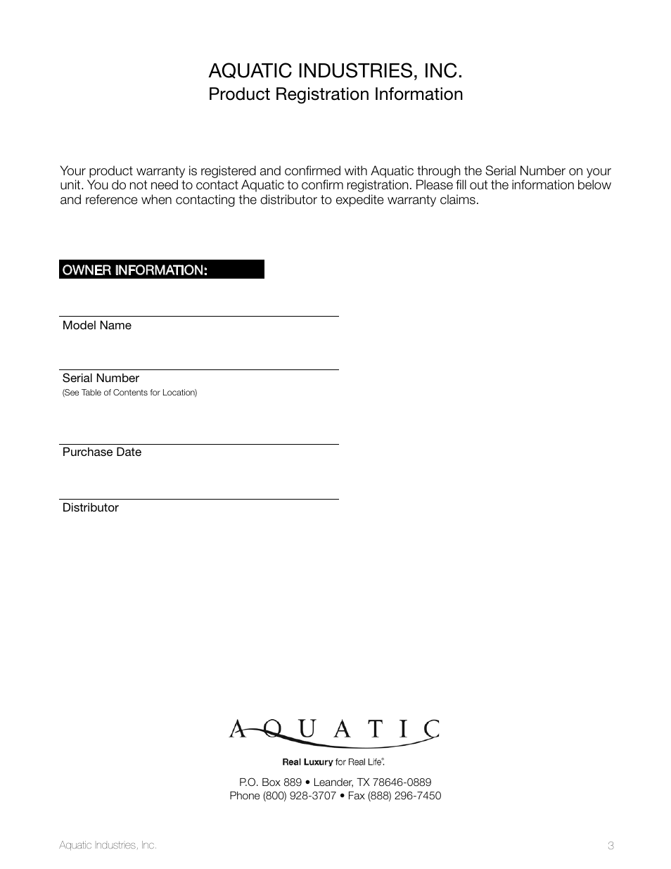 Aquatic industries, inc, Product registration information | Aquatic LuxeAir Series User Manual | Page 3 / 36