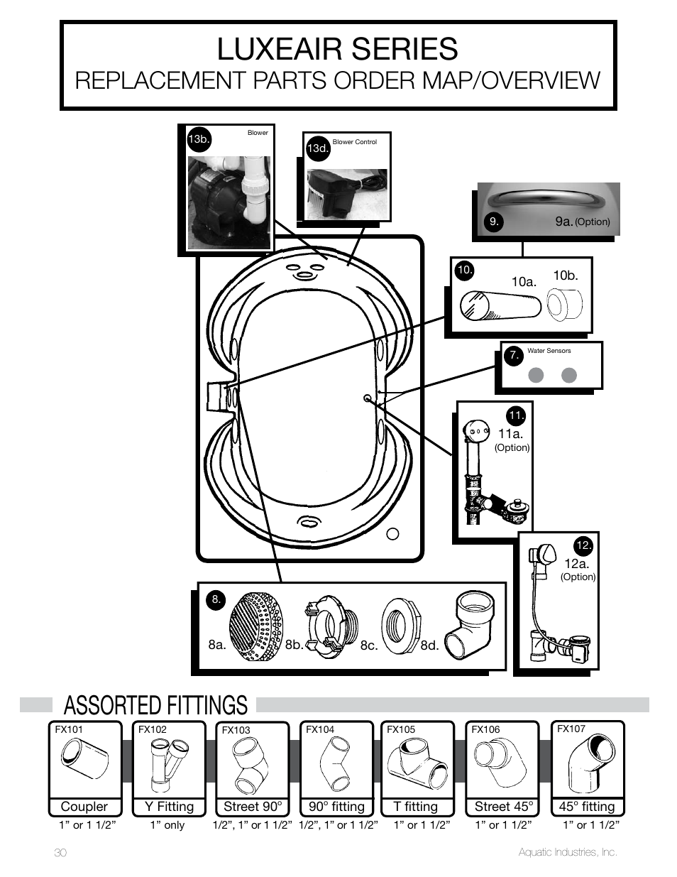 Luxeair series, Assorted fittings, Replacement parts order map/overview | Aquatic LuxeAir Series User Manual | Page 30 / 36