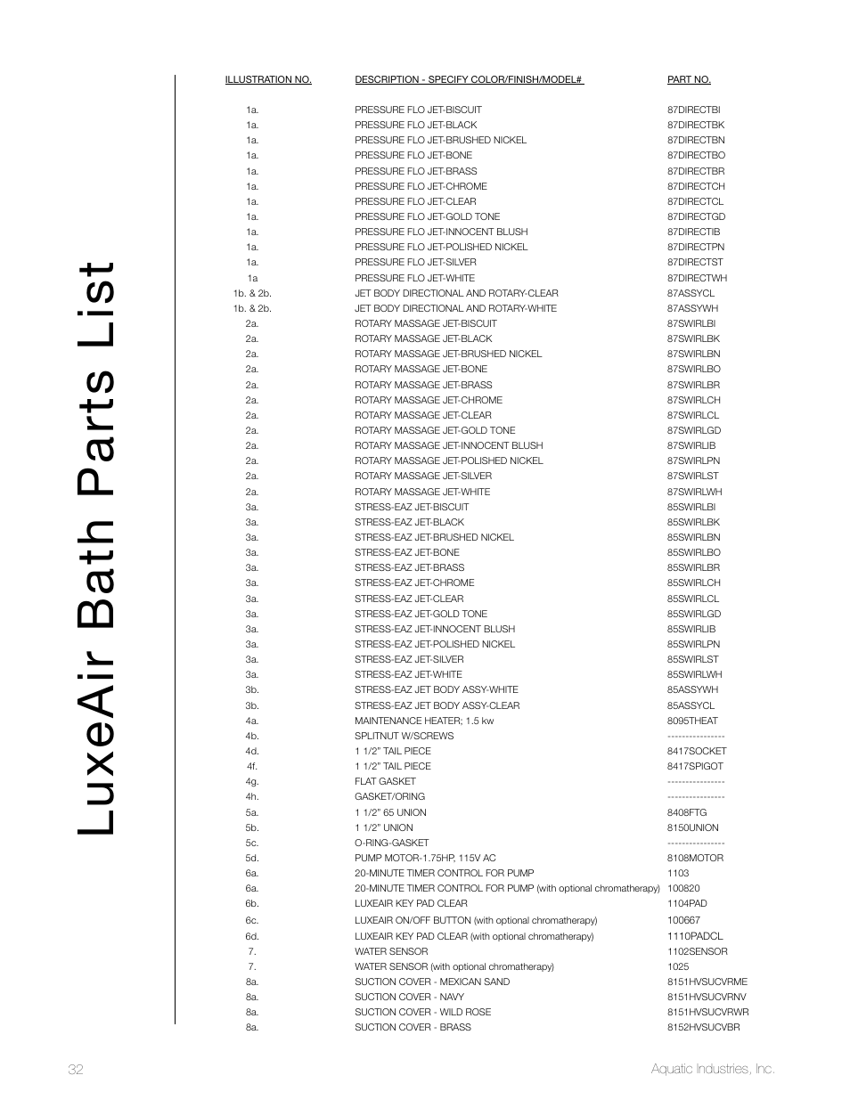 Luxeair bath parts list, Aquatic industries, inc. 32 | Aquatic LuxeAir Series User Manual | Page 32 / 36