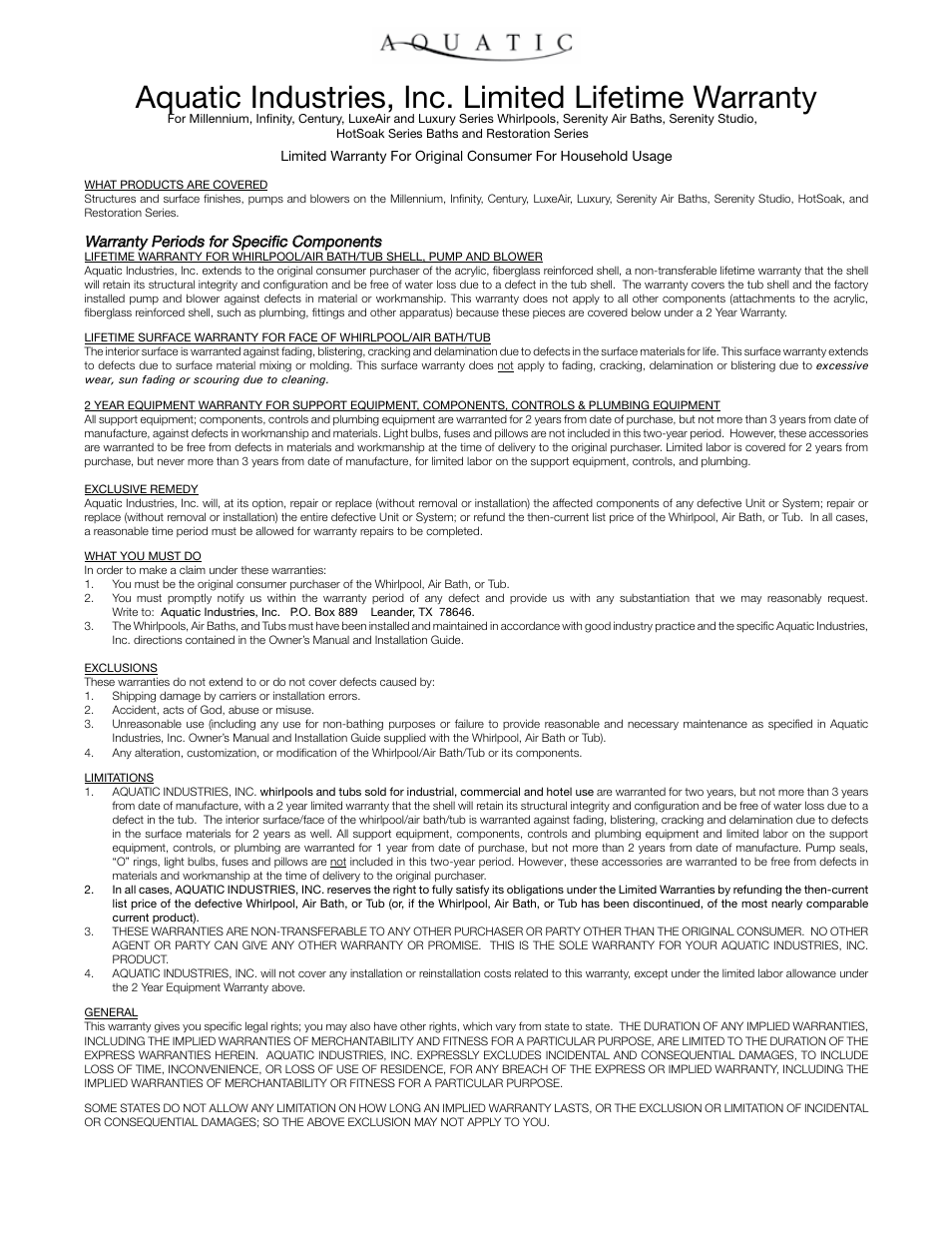 Aquatic industries, inc. limited lifetime warranty | Aquatic LuxeAir Series User Manual | Page 34 / 36