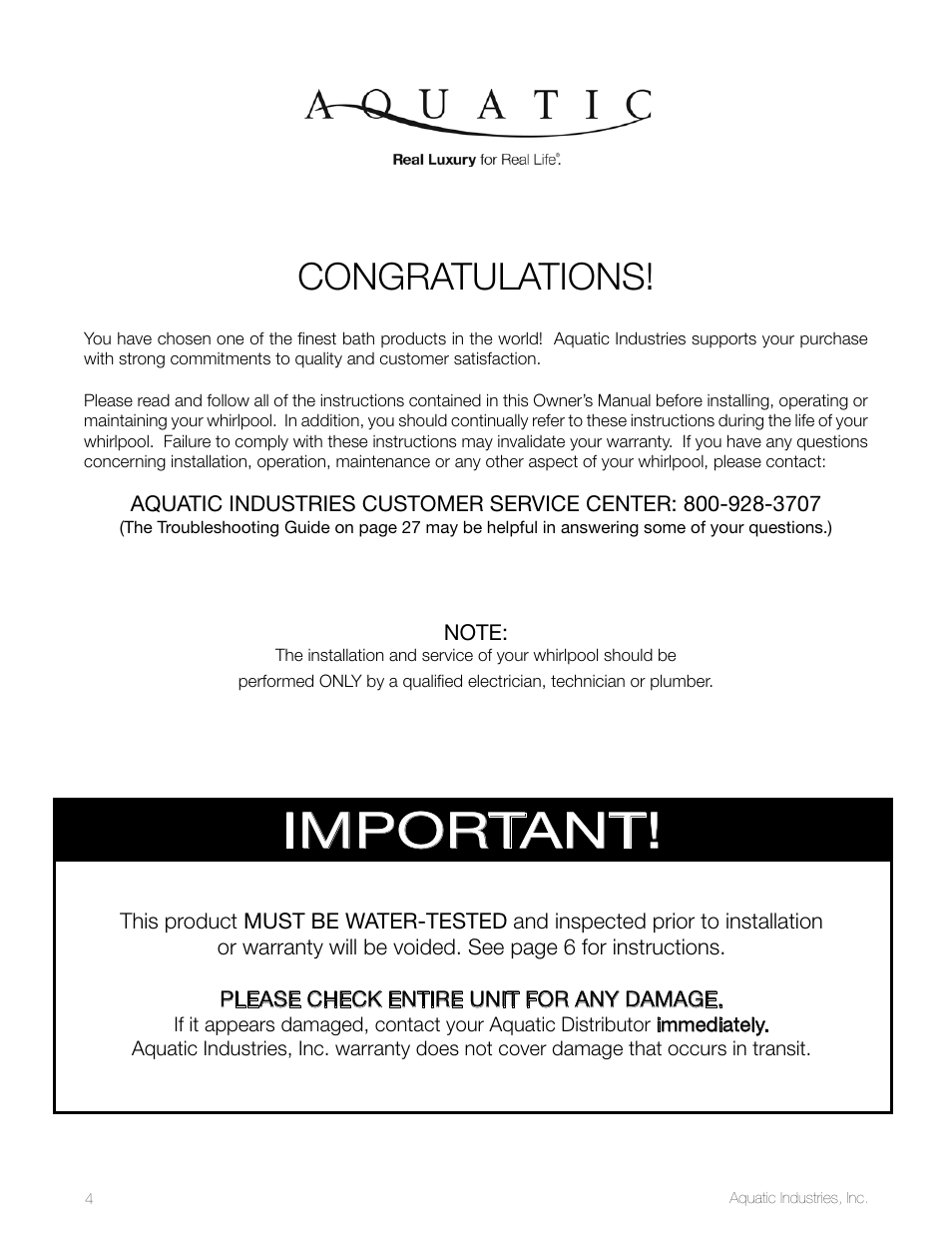 Important | Aquatic LuxeAir Series User Manual | Page 4 / 36
