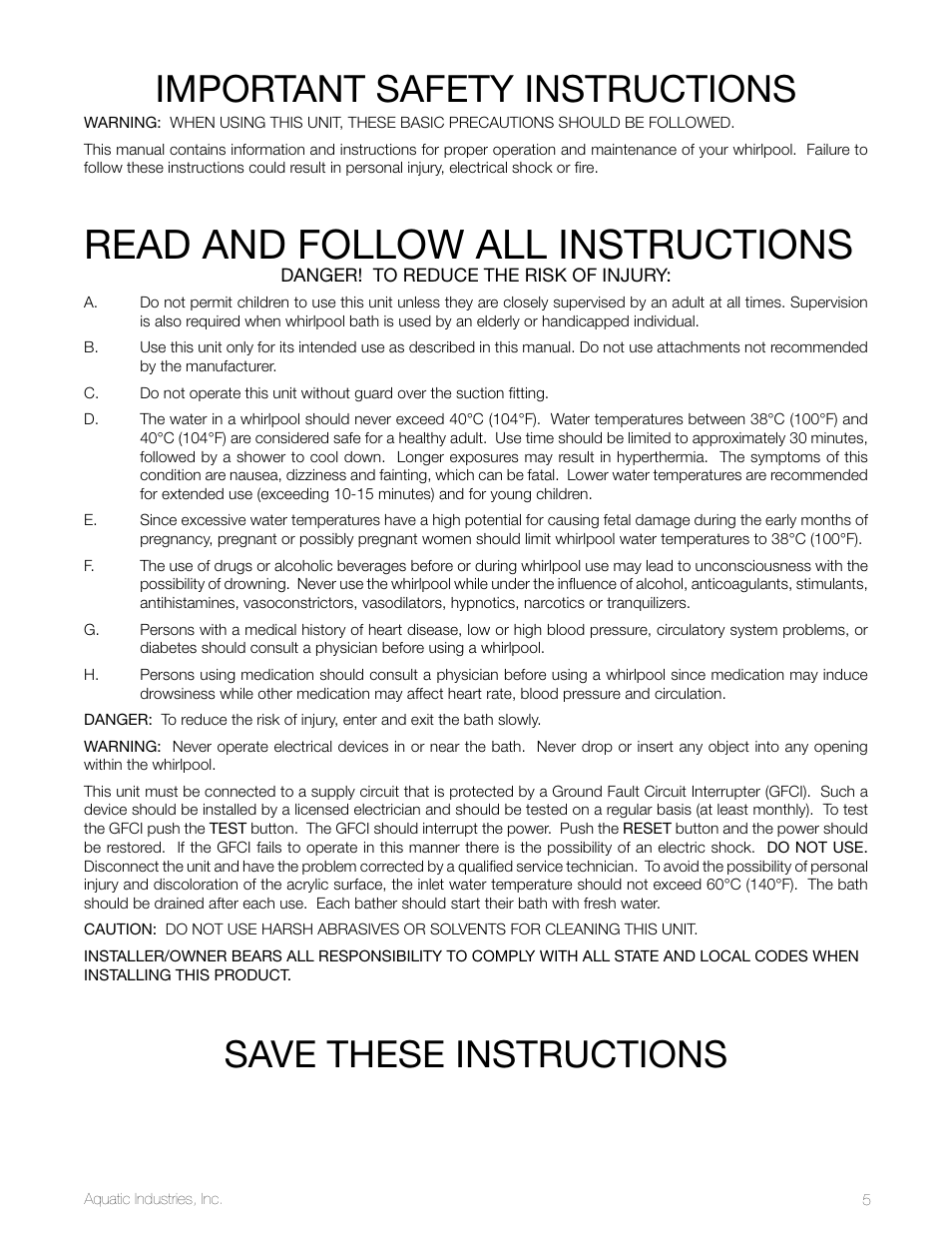 Read and follow all instructions, Important safety instructions, Save these instructions | Aquatic LuxeAir Series User Manual | Page 5 / 36