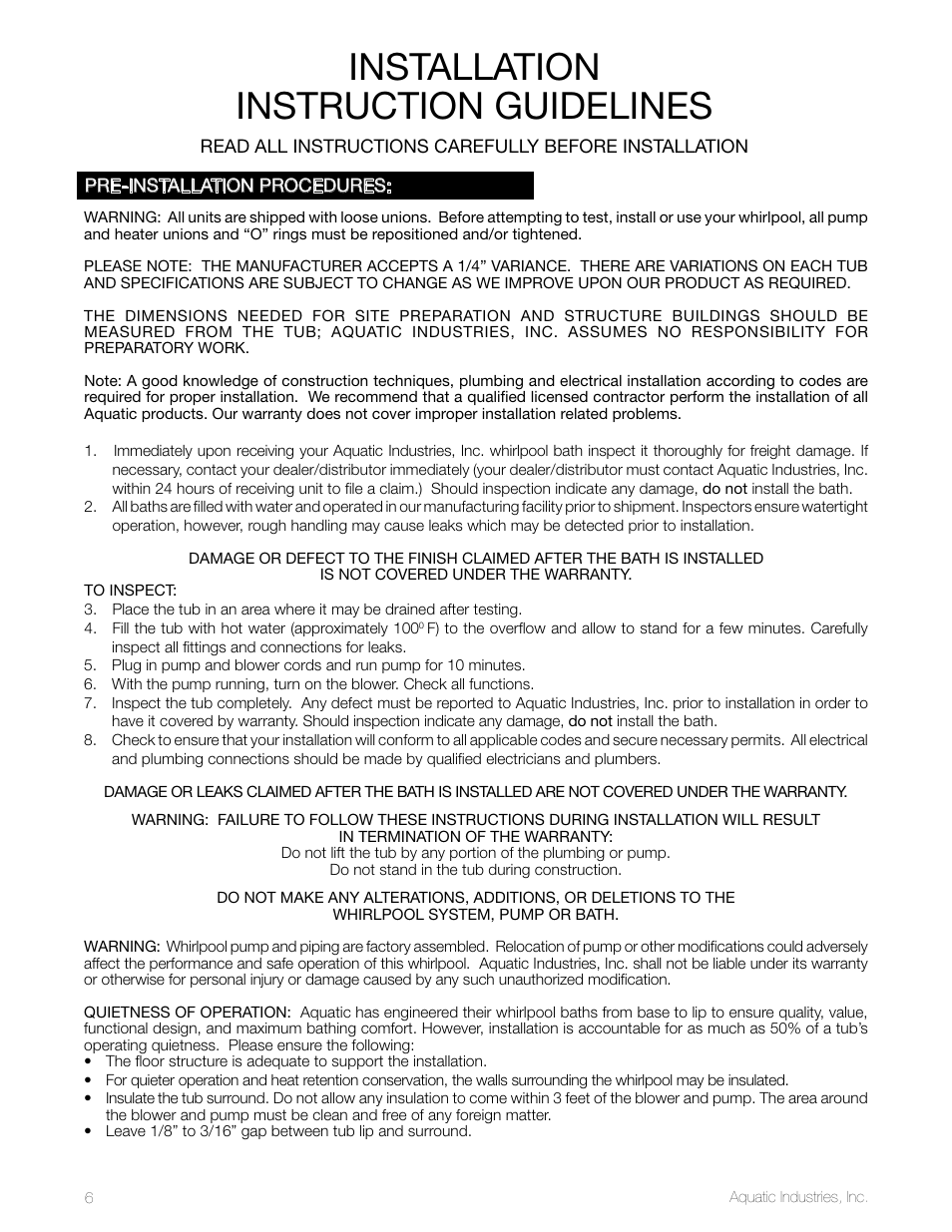 Installation instruction guidelines | Aquatic LuxeAir Series User Manual | Page 6 / 36