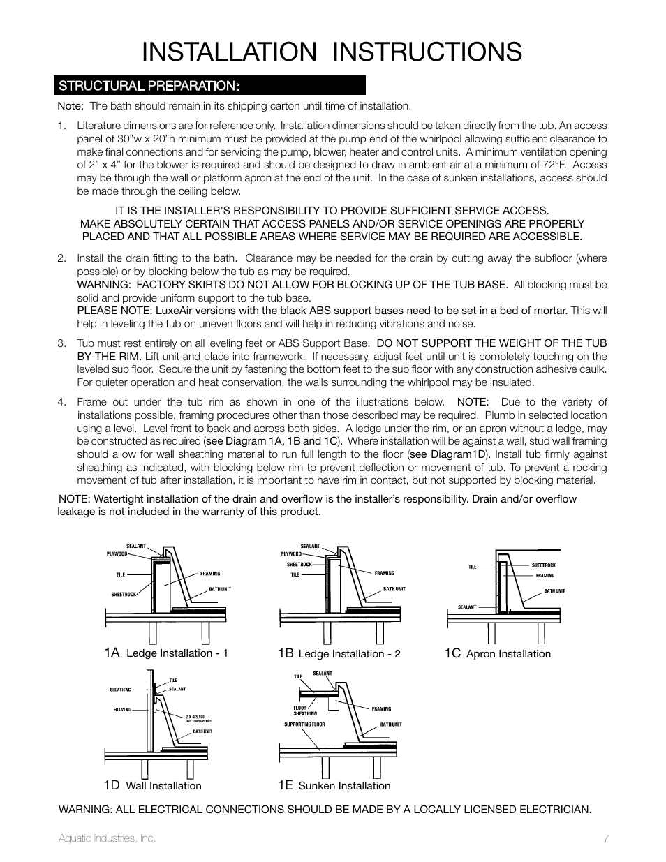 Installation instructions | Aquatic LuxeAir Series User Manual | Page 7 / 36