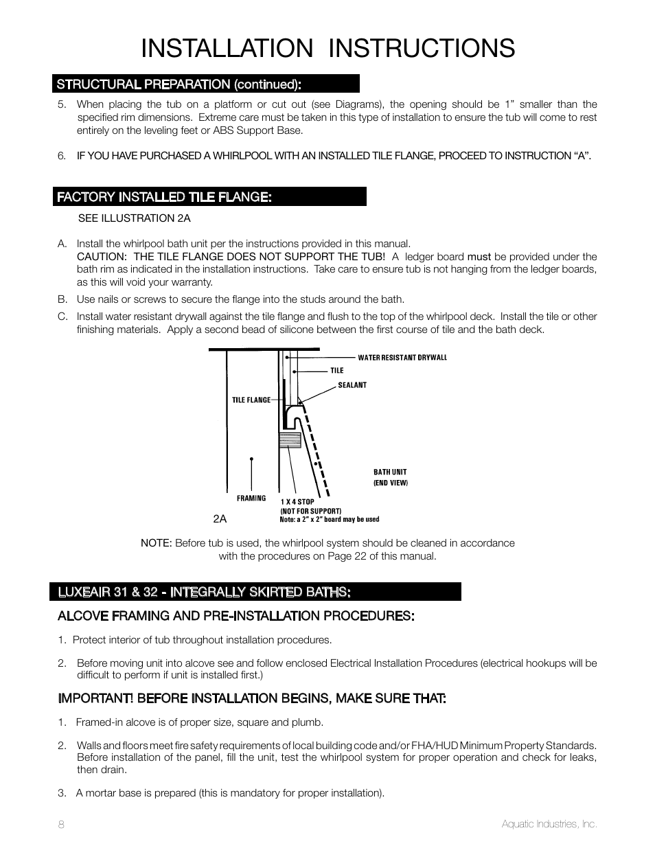 Installation instructions | Aquatic LuxeAir Series User Manual | Page 8 / 36