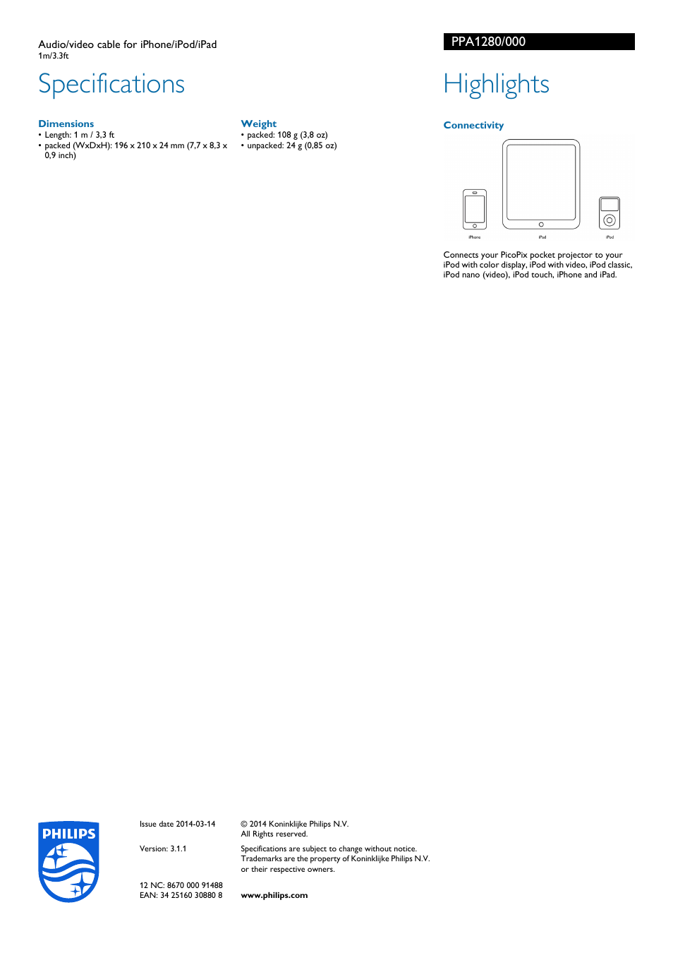 Specifications, Highlights | Philips PPA1280-000 User Manual | Page 2 / 2