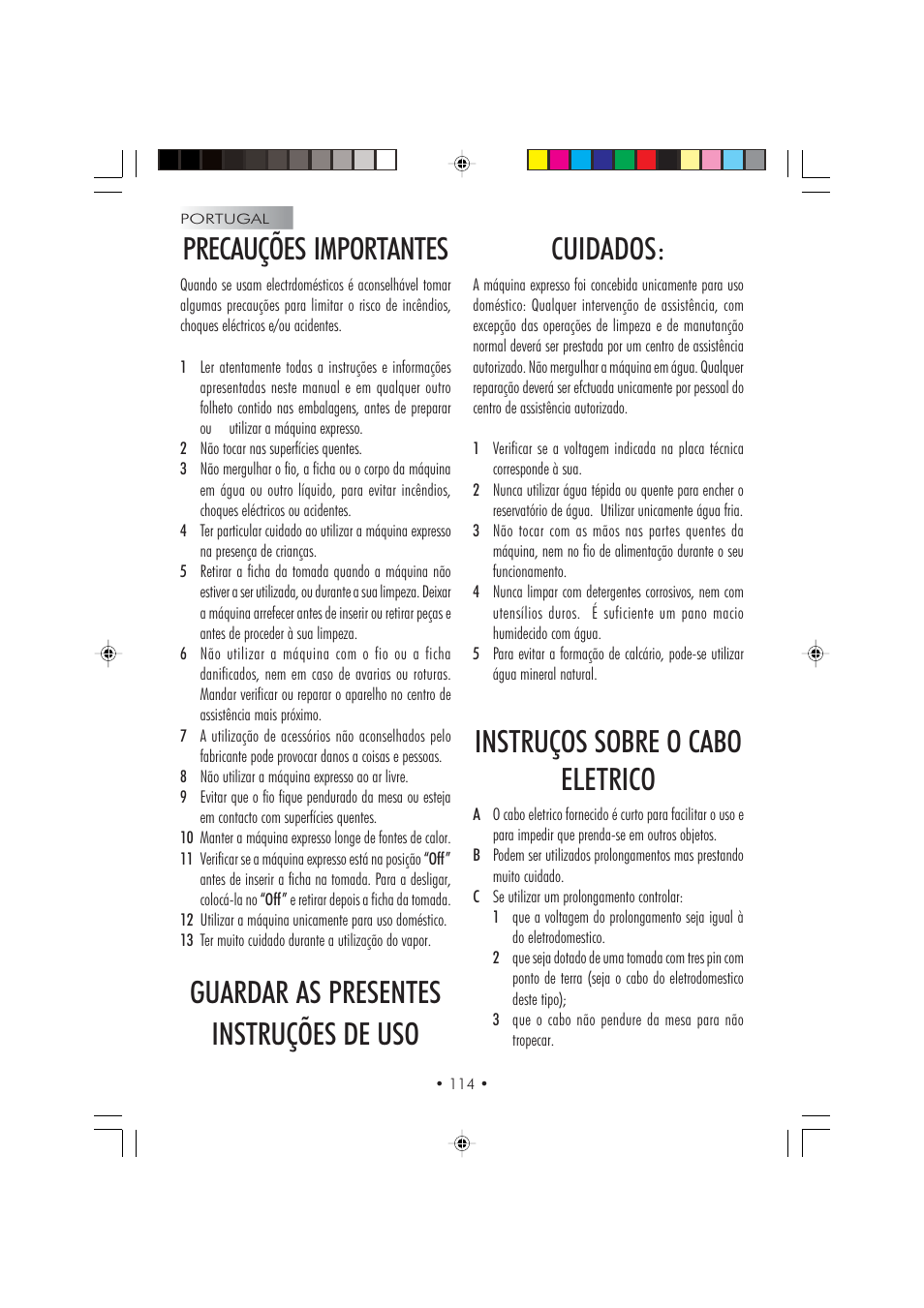 Precauções importantes, Guardar as presentes instruções de uso cuidados, Instruços sobre o cabo eletrico | Philips SYUSA013MENGRCO User Manual | Page 114 / 132