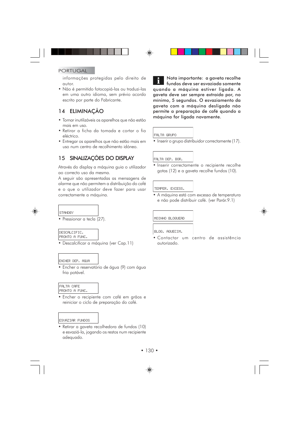 14 eliminação, 15 sinalizações do display | Philips SYUSA013MENGRCO User Manual | Page 130 / 132