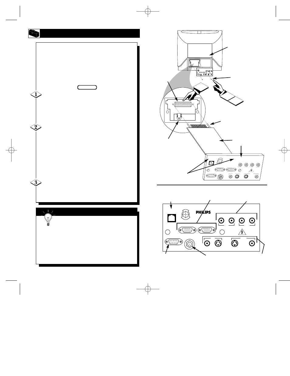 Nstalling, Component side down, Smart plug s-video video audio rf in | Mart | Philips 21" Stereo Institutional CTV User Manual | Page 5 / 21