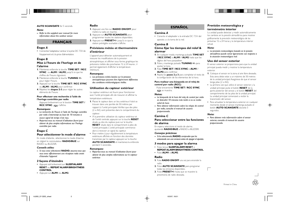 Français, Español | Philips AJ260-37 User Manual | Page 2 / 2