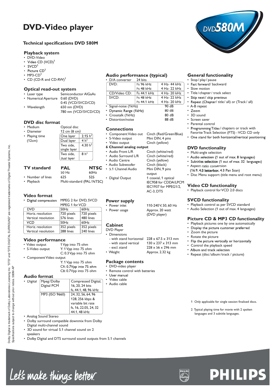 580m, 580hc, Dvd-video player | Philips DVD580MT User Manual | Page 2 / 2