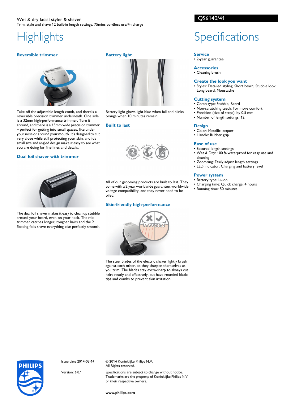 Highlights, Specifications | Philips QS6140-41 User Manual | Page 2 / 2