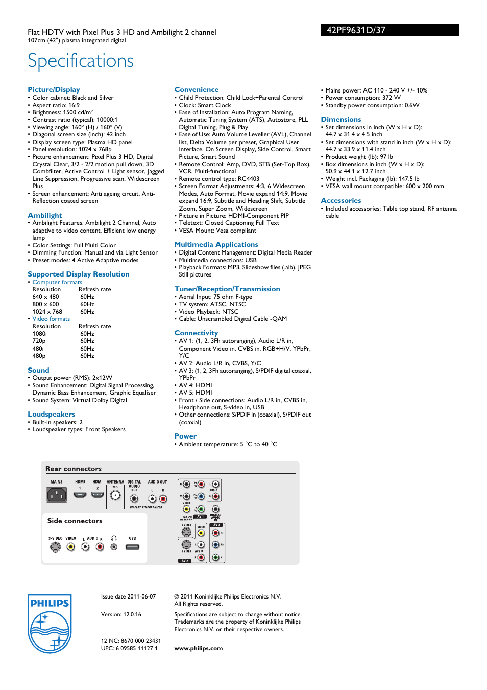 Specifications | Philips 42PF9631D-37B User Manual | Page 3 / 3